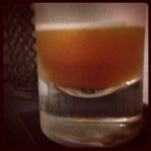 An image of the 3:20 In The Morning cocktail submitted by n0tquitethere that contains Blended Scotch, Apple Brandy, Drambuie, Cynar, Lemon, Honey Syrup and Lemon