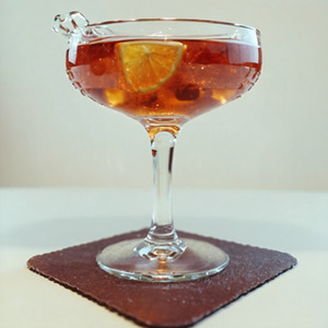 An image of the East India Cocktail cocktail submitted by Toby that contains Brandy, Raspberry Syrup, Angostura Bitters, Curaçao Triple Sec, Maraschino Liqueur and Cocktail Cherry