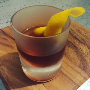An image of the Bamboo cocktail submitted by n0tquitethere that contains Dry Vermouth, Amontillado Sherry, Sugar Cane Syrup, Orange Bitters, Angostura Bitters and Lemon
