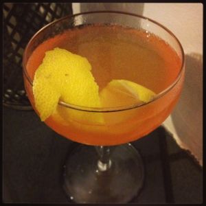 An image of the Barnum (Was Right) Cocktail cocktail submitted by Toby that contains London Dry Gin, Apricot Brandy, Angostura Bitters, Lemon and Lemon