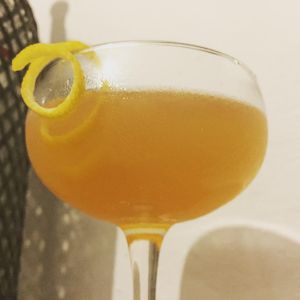 An image of the The Blinker Cocktail cocktail submitted by n0tquitethere that contains Rye Whiskey, Grapefruit, Raspberry Syrup and Lemon