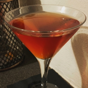 An image of the Bloodhound cocktail submitted by Toby that contains London Dry Gin, Dry Vermouth, Sweet Vermouth and Raspberries
