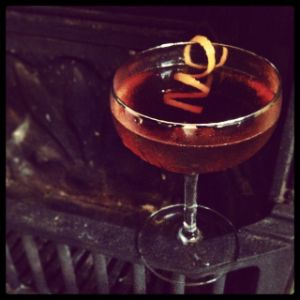 An image of the Catcher in the Rye cocktail submitted by n0tquitethere that contains Rye Whiskey, Amontillado Sherry, Amer Picon, Grand Marnier, Bob's Bitters Abbott's Bitter and Orange