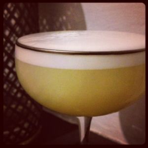 An image of the Celeriac cocktail submitted by n0tquitethere that contains London Dry Gin, Pineapple Juice, Lemon, Simple Syrup, Celery Bitters and Egg