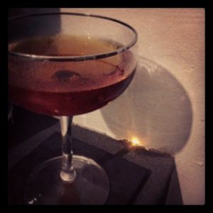 An image of the Chocolate Martica cocktail submitted by n0tquitethere that contains Gold Rum, Cognac, Sweet Vermouth, Maraschino Liqueur and Whiskey Barrel Aged Bitters