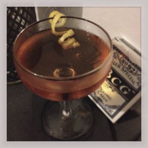 An image of the Classic Martinex cocktail submitted by n0tquitethere that contains London Dry Gin, Sweet Vermouth, Maraschino Liqueur, Orange Bitters and Lemon