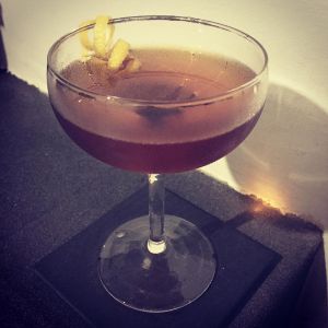 An image of the Dunaway cocktail submitted by n0tquitethere that contains Amontillado Sherry, Cynar, Maraschino Liqueur, Orange Bitters and Lemon
