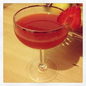 An image of the Fresa Verde cocktail submitted by n0tquitethere that contains Blanco Tequila, Lime, Pomegranate Molasses, Strawberries and Green Bell Pepper