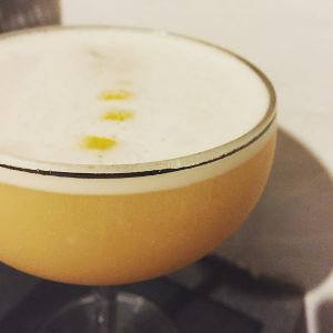 An image of the Jitterbug Sour cocktail submitted by n0tquitethere that contains Rye Whiskey, Benedictine DOM, Lemon, Honey Syrup, Egg, Angostura Bitters and Lemon
