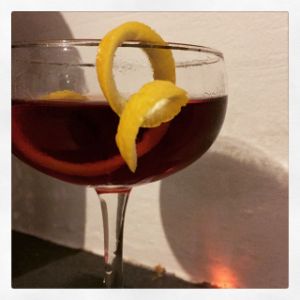 An image of the Lapsang Martinez cocktail submitted by n0tquitethere that contains London Dry Gin, Sweet Vermouth, Lapsong Souchang Syrup and Lemon