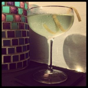 An image of the Martinez cocktail submitted by n0tquitethere that contains London Dry Gin, Maraschino Liqueur, Bianco Vermouth, Absinthe Bitters and Lemon