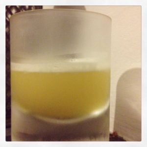 An image of the Maximo Blue cocktail submitted by n0tquitethere that contains Reposado Tequila, Gentian Bitters, Benedictine DOM and Pineapple Juice