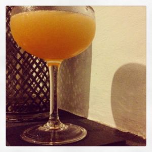 An image of the Mexican Love Affair cocktail submitted by n0tquitethere that contains Allspice Dram, Ginger Liqueur, Cognac, Lemon, Honey Syrup and Hot Sauce