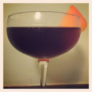 An image of the Nerina Jones cocktail submitted by n0tquitethere that contains London Dry Gin, Punt e Mes, Amaro Meletti, Orange Bitters and Orange