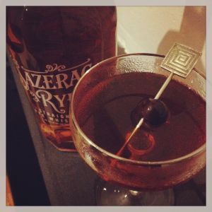 An image of the Nonantum Cocktail cocktail submitted by n0tquitethere that contains Rye Whiskey, Punt e Mes, Strega, Angostura Bitters, Orange Bitters and Cocktail Cherry