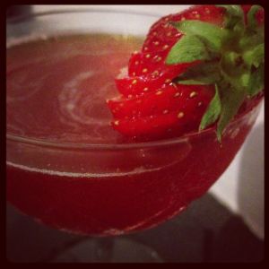 An image of the Resting Point cocktail submitted by n0tquitethere that contains Reposado Tequila, Yellow Chartreuse, Punt e Mes, Lemon, Agave Syrup and Strawberries