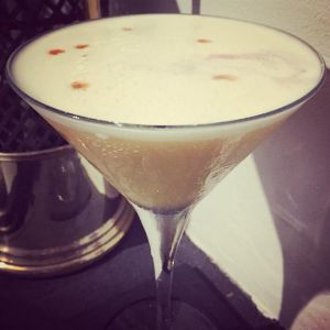 An image of the Stitzle Flip cocktail submitted by n0tquitethere that contains Bourbon, Falernum, Vanilla Syrup, Gentian Bitters, Cherry Bitters, Egg, Whiskey Barrel Aged Bitters and Cocktail Cherry