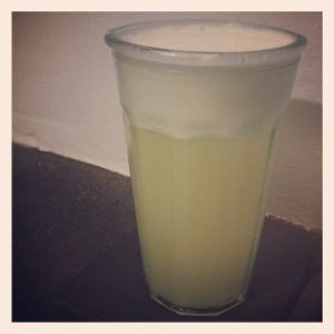An image of the White Birch Fizz cocktail submitted by n0tquitethere that contains London Dry Gin, Lemon, Strega, Apricot Brandy, Egg and Suze